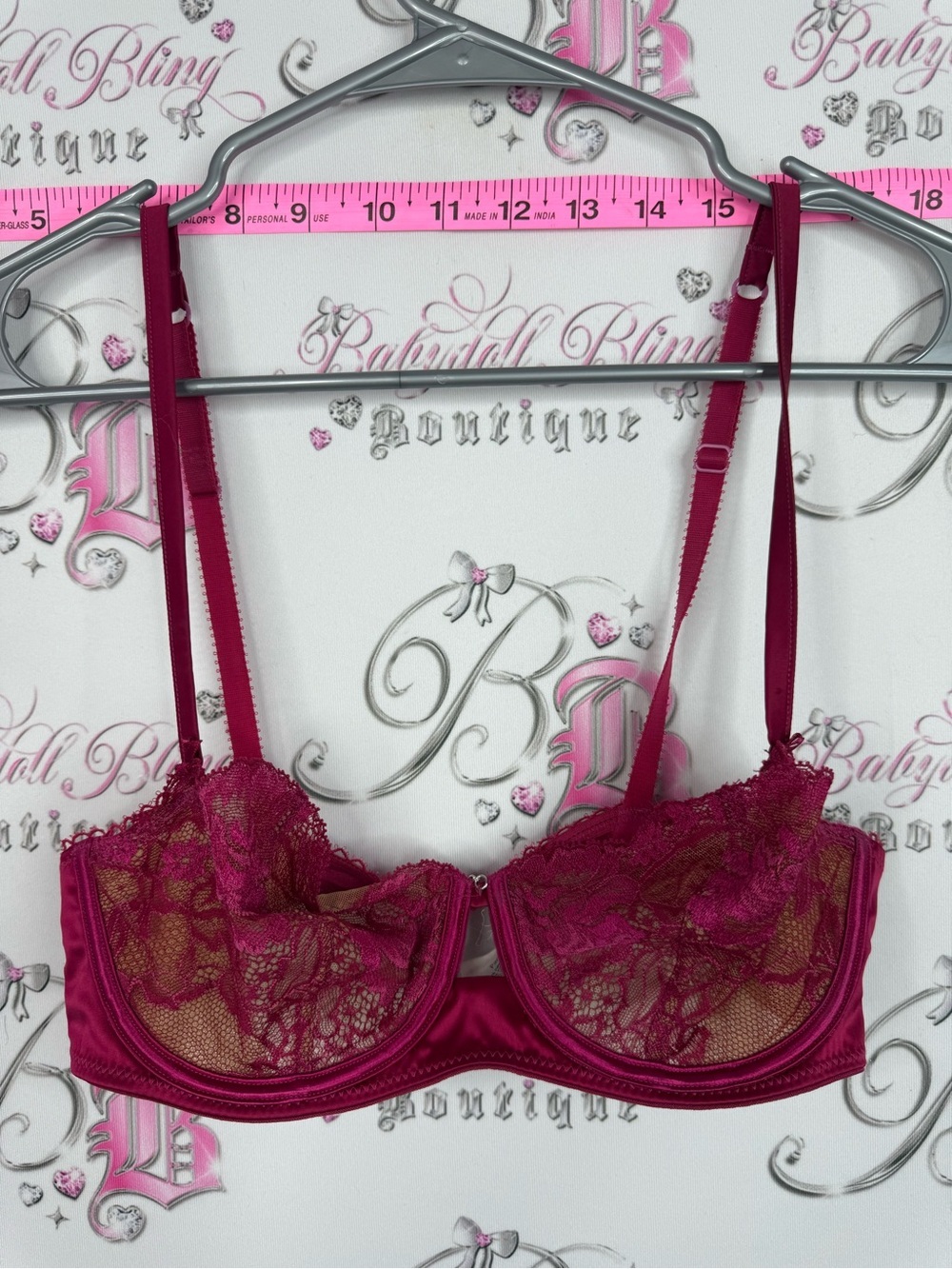 Bra pearl charm Sheer Lace Underwire Bra in Deep Magenta red pink